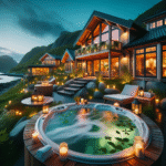 Luksuriøst spa-hotell ved norsk kyst med varmt boblebad, stearinlys og grønn natur i skumring